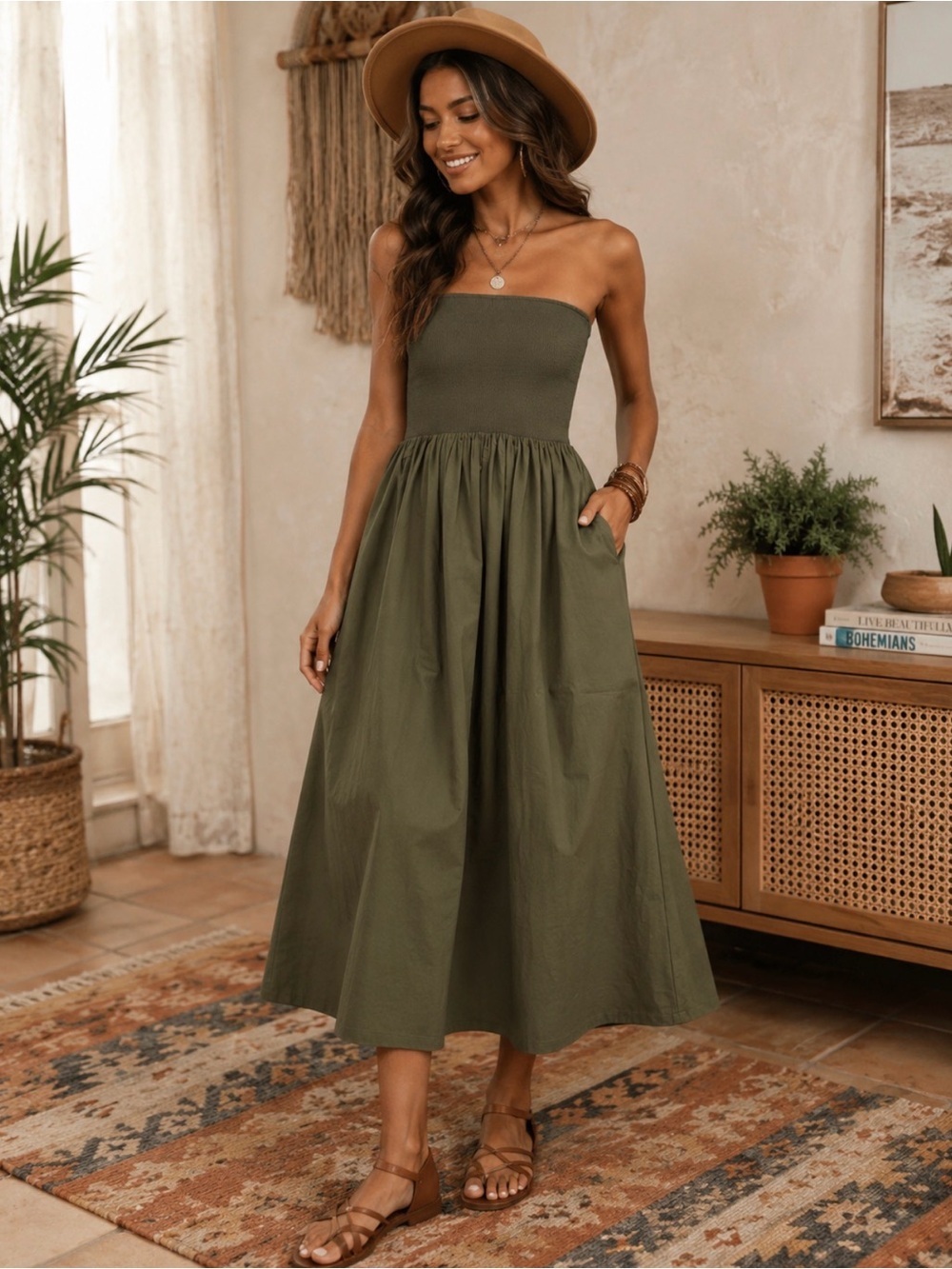 Pistola Mavo Tube Top Dress Strapless Olive Green Midi Dress Sz S